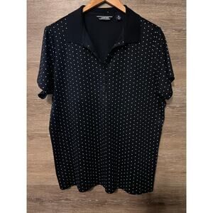 Land’s End women polo size 1X Navy blue polka dots cotton Nautical super soft